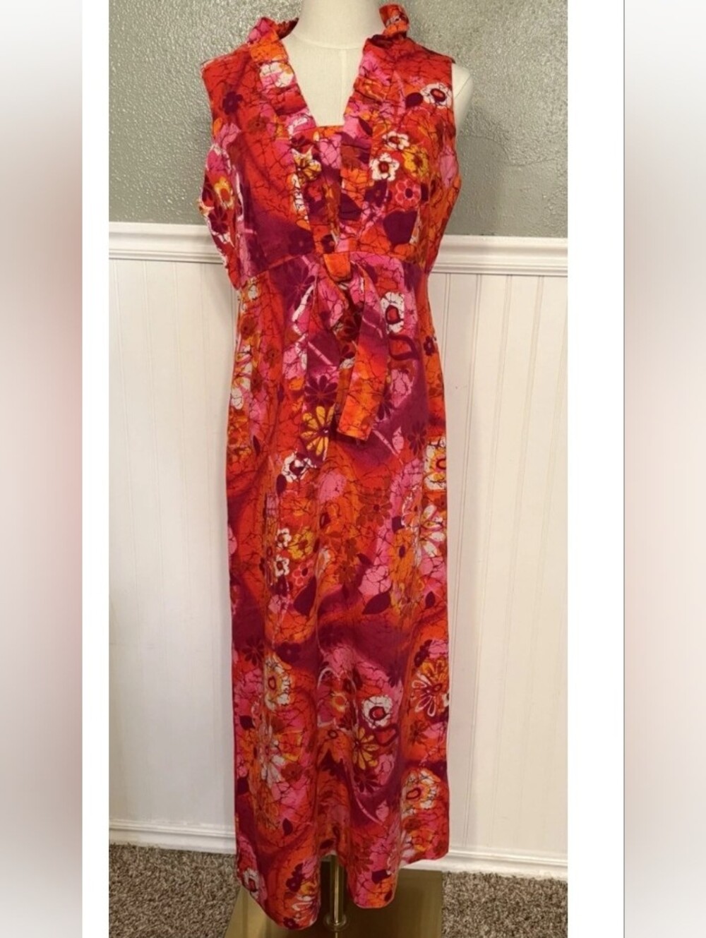 Vintage Diamond Head Sportswear Hawaiian Sleeveless Red Pink Plum Maxi Dress M